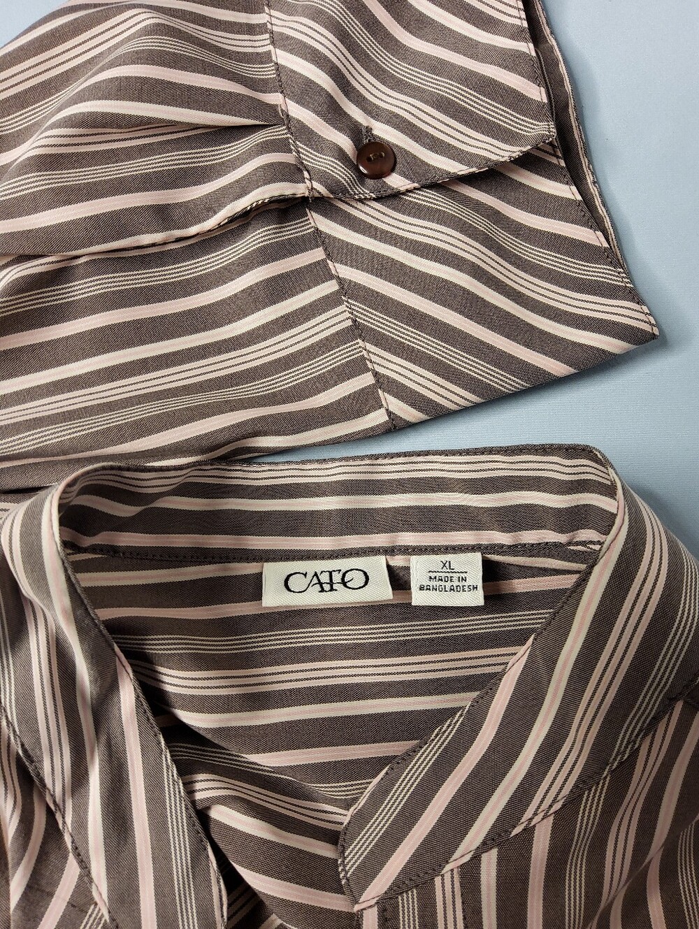 Cato Striped Button-Front Mandarin Collar Blouse in Taupe, Blush Pink, and Cream - Picture 10 of 10